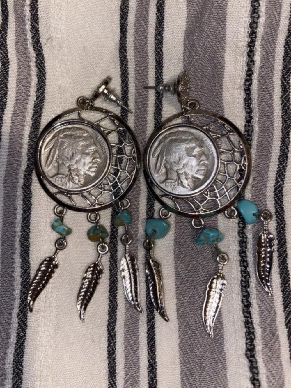 Vintage Boho Dreamcatcher Earrings with Real 1935 & 1936 Indian Head Nickels